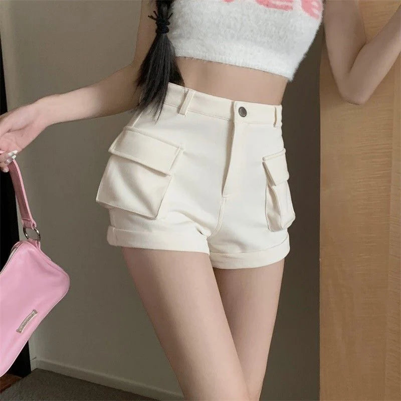 Zoki Korean Casual Cargo Shorts Women Pockets High Waist Streetwear Shorts Summer All Match Lady Simple Solid Slim Cargo Shorts - reetell