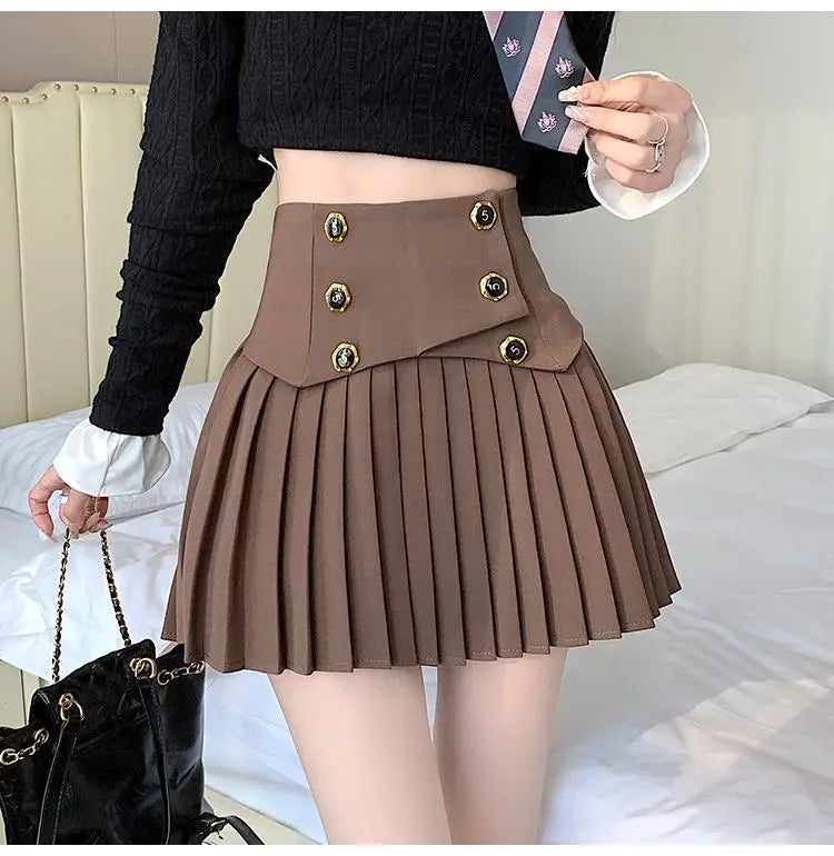 Pleated Skirt New Spring Autumn All-match Buttons Solid Color High Waist A-line Skirt Femme Preppy Style Pleated Trend Skirts - reetell