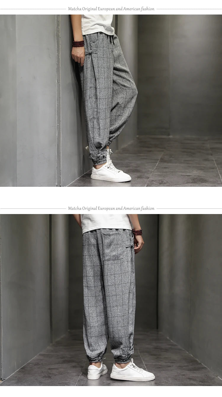 Cotton Linen Pants for Men New Trend Disc Buckle Hallen Pants Man Spring Summer Comfortable Breathable Casual Pants