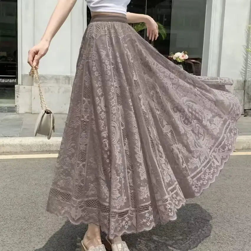 Fashion Elastic Waist Spliced Gauze Lace High Waist Skirt Women's Clothing 2024 Spring New Loose Solid Color Office Lady Skirts - reetell