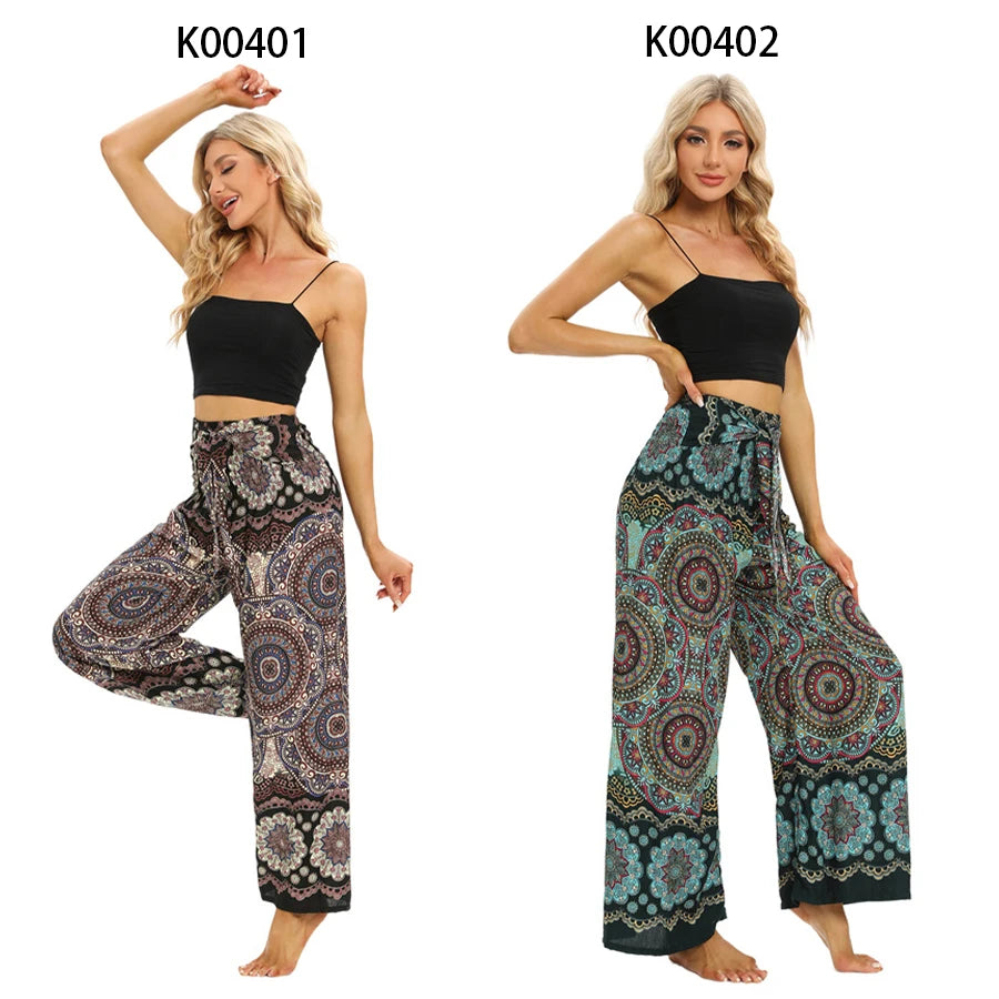 2024 Women Boho Yoga Pants Rayon Vintage Floral Printed Wide Leg Long Trousers Elastic High Waist Female Outside Home Clothes - reetell