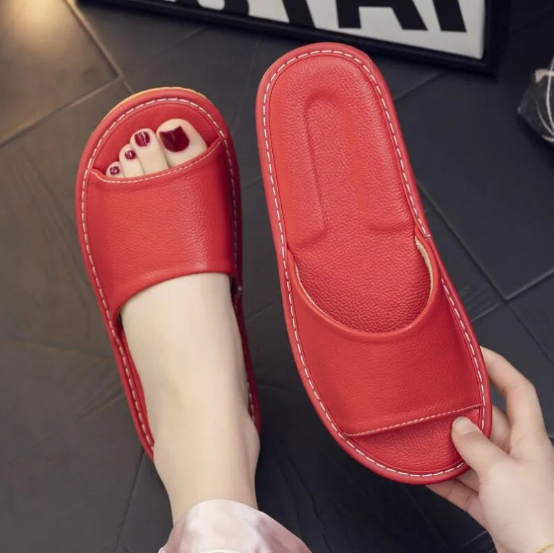 Genuine Leather Slippers Homes in indoor slipper summer open toe sandals men women elderly casual Slides shoes