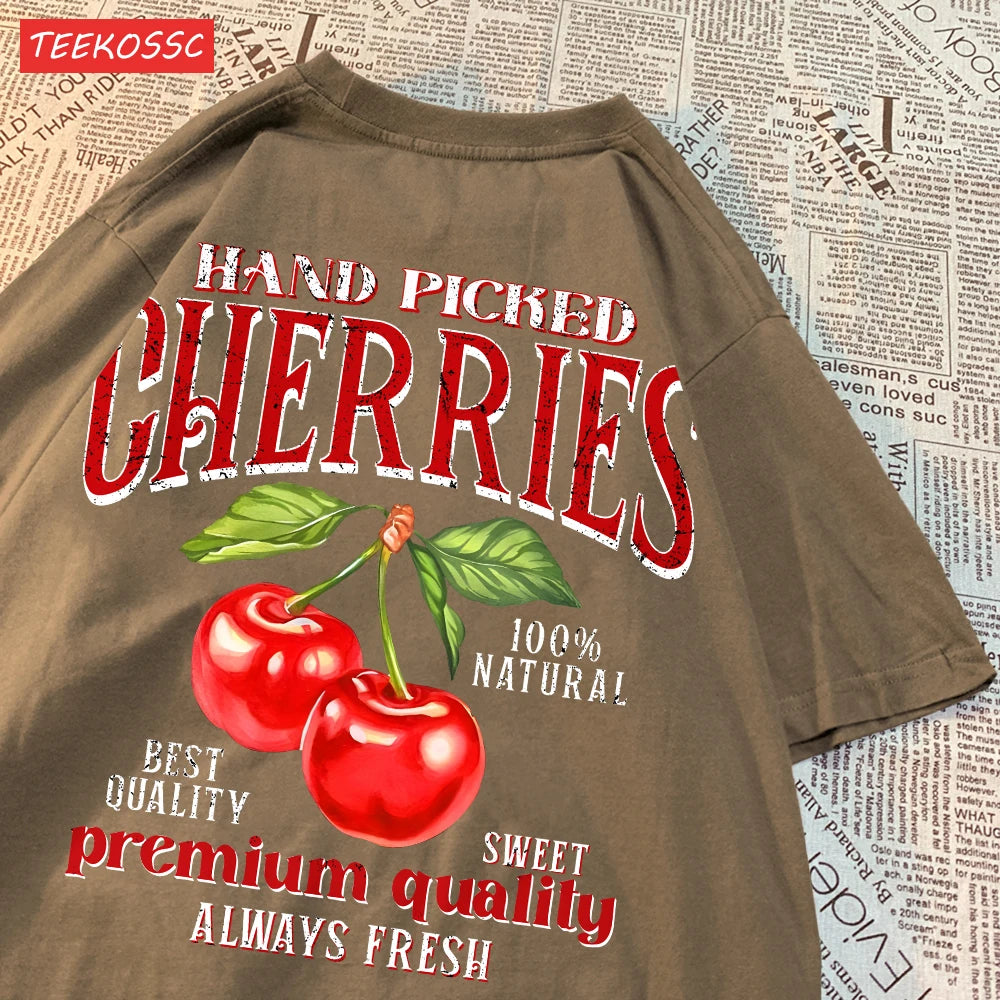 Fashion Cotton Women'S T-Shirts Hand Picked Cherries Printing Tops Oversize Crewneck Soft Short Sleeve Street Female Clothes - reetell