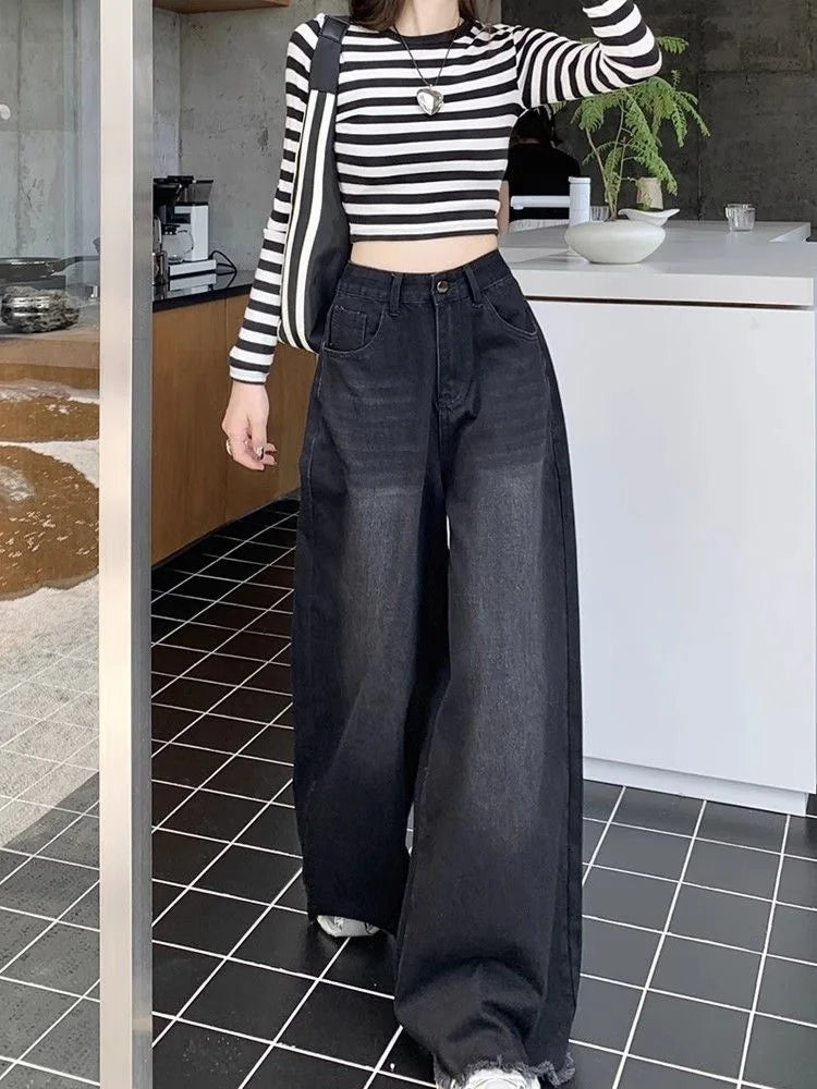 Hot Girl Baggy Jeans Femenina Y2k Street vintage Washed To Make Old Fried Straight Wide-Leg Denim Pants For Women - reetell