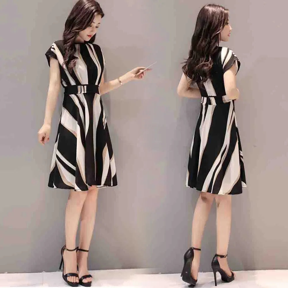 Women's Summer A Line Striped Fashion Knee Length Dress Short Sleeve O-Neck Regular Fit Ladies Casual Dresses - reetell