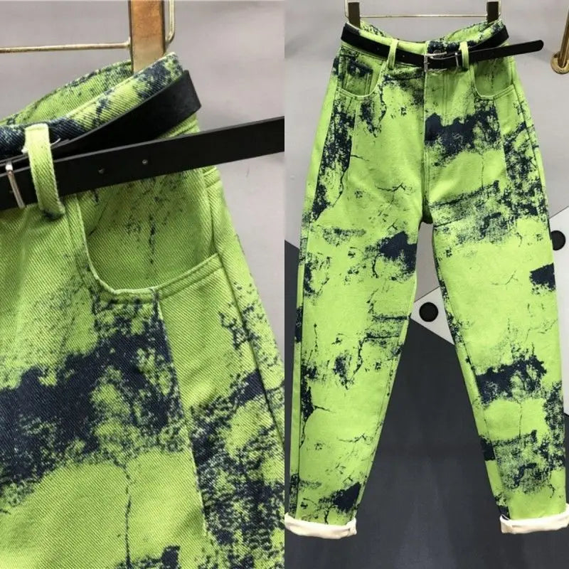 European Goods Heavy Industry Fashion Tie Dye Green Jeans Women's New Spring Summer High Waisted Loose Fit Slimming Harun Jeans - reetell