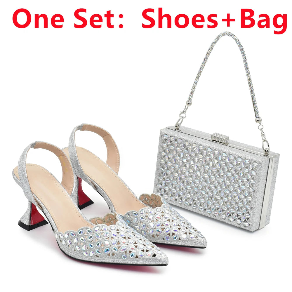 Silver Color Shoes and Bag for Party Wedding Luxery Women Shoe and Bag Set for Nigeria Party Italy Elegant Woman Heeled Pumps