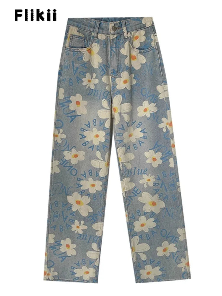 Y2K Baggy Flowers Printting 2000s Denim Trouser Women's Washed Vintage Casual Pants Female High Street Retro High Waist Jeans - reetell