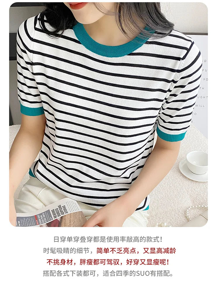 Short Sleeve T-shirts Women Striped Basic Chic Simple All-match Harajuku Retro Cotton O-neck Trendy Loose Leisure Cozy Womens - reetell