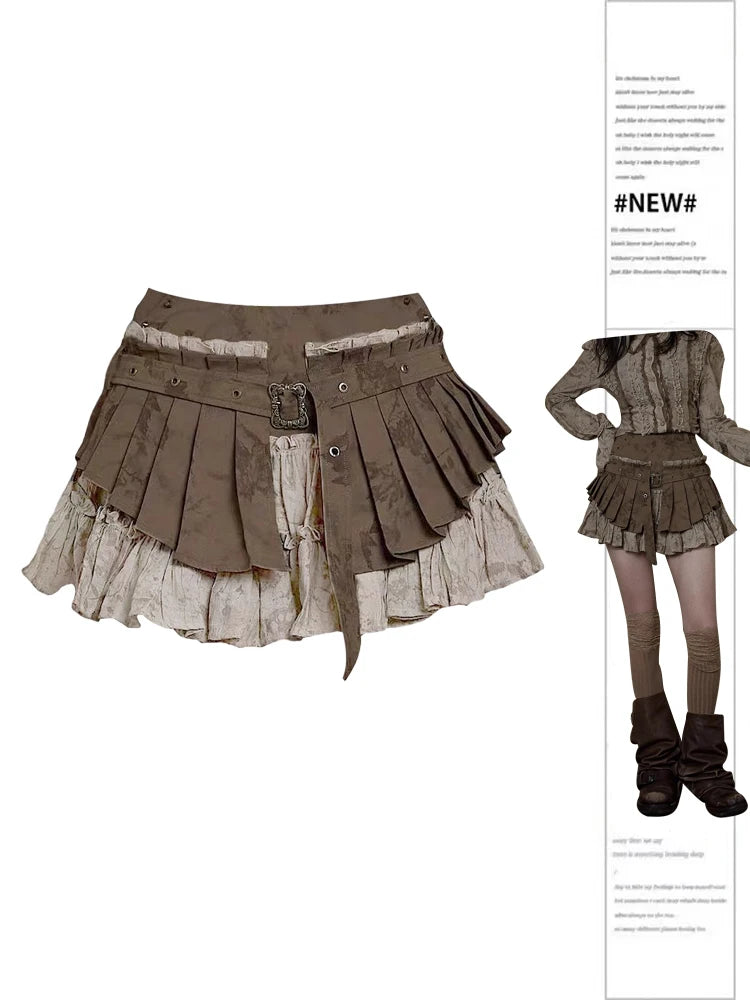 Women Patchwork A-line Pleated Skirt Vintage Y2k Wasteland Style Mini Skirt Harajuku Korean Skirt 2000s Chic Clothes 2024 Summer - reetell