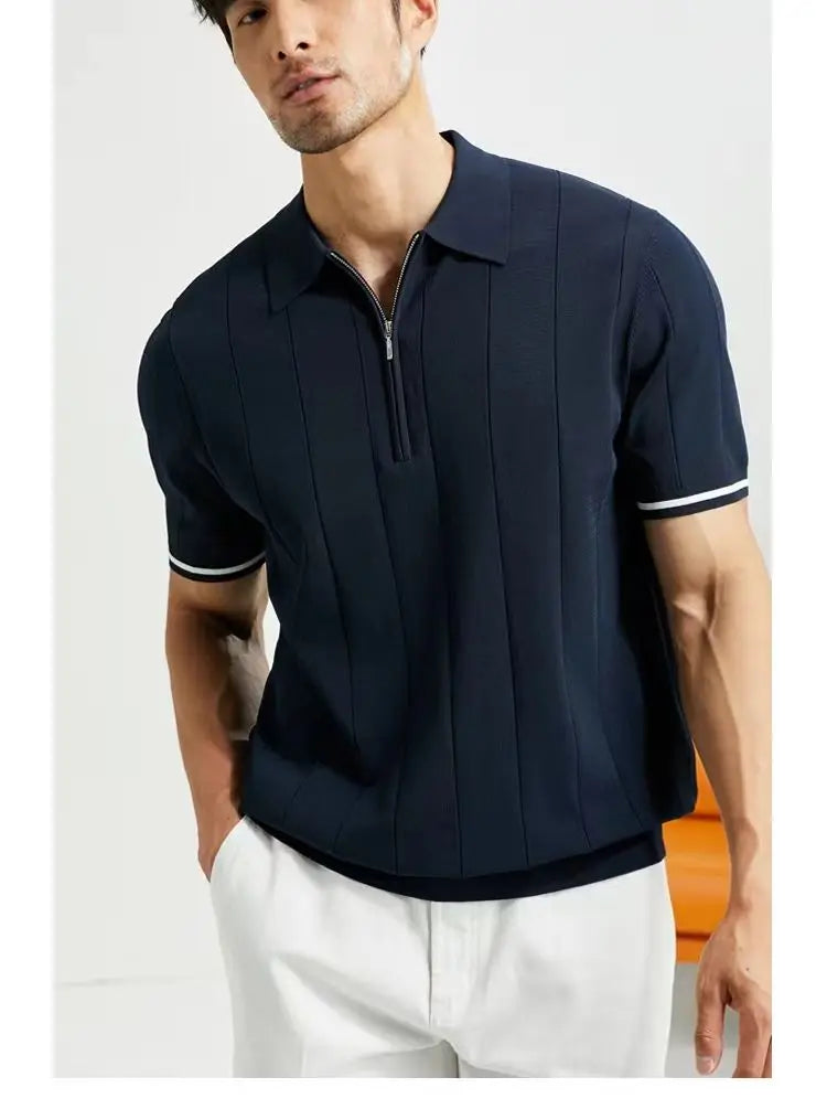 Summer New Men Clothing Lapel Zippers Polo Shirts Fashion Business Casual Vertical Lines Loose Solid Short Sleeve Thin Tops 2024