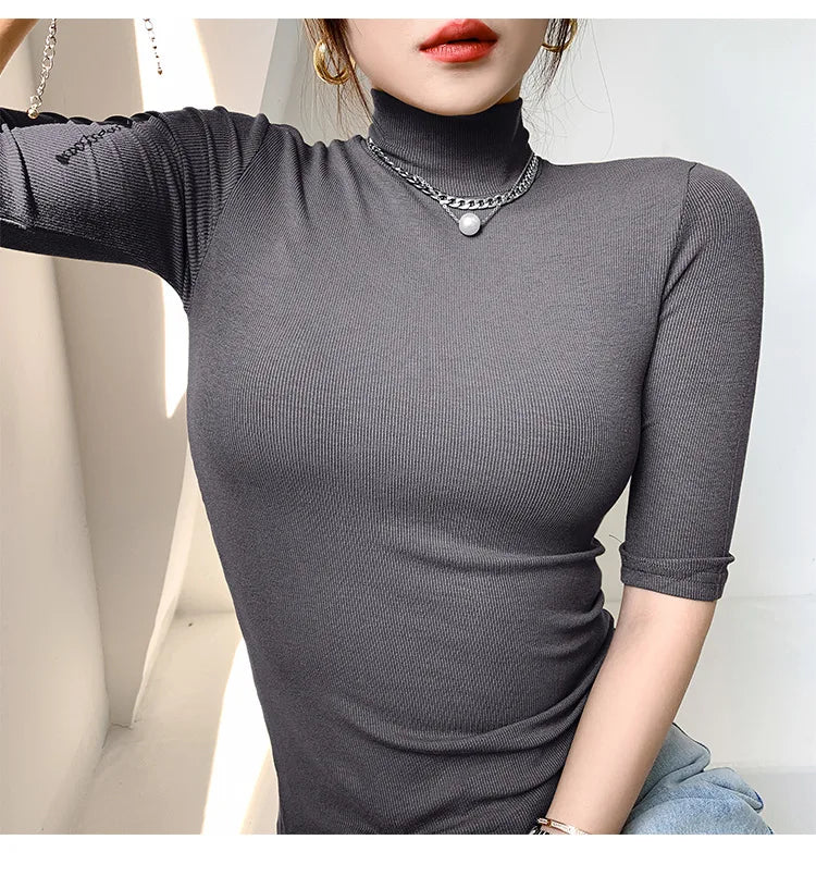 Basic Cotton T Shirt Women Turtleneck Slim Tshirt Short Sleeve T-shirts Female Casual Elasticity White Tee Shirt Femme Woman Top - reetell