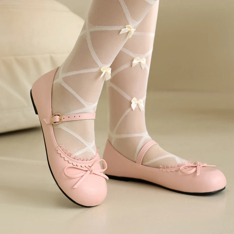 Spring Autumn Pink White Mary Janes Flat Shoes Woman Round Toe Buckle Strap Lolita Girls Student Ballet Flats Plus Size 43 44 45 - reetell