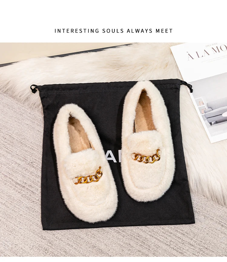 2023 winter women's outdoor plush warm shoes british style metal chain decoration snow boots boat shoes Ladies' casual flats - reetell