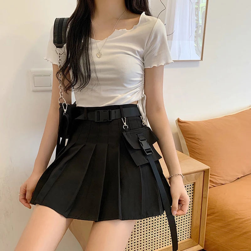 Zoki Harajuku Belt Pleated Cargo Skirt Women Fashion Gothic High Waist Pocket Mini Skirts Fashion Summer Lady A Line Black Skirt - reetell