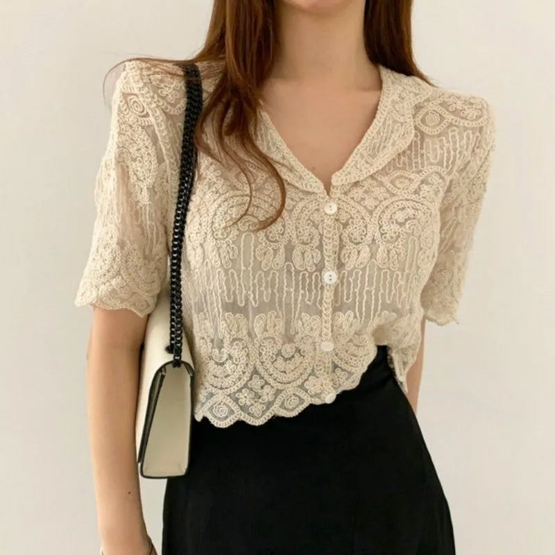 Sheer Embroidery Lace Blouse Cover Up Top Short Sleeve Button Front Cardigan Women Summer Boho Vacation Outfit - reetell