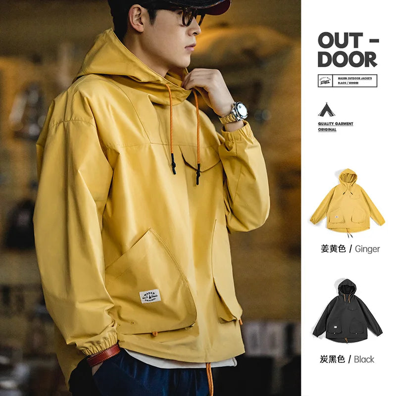 Maden Mountain Outdoor Multi-pocket Hooded Men's Jackets Spring Oversize Windbreak Parka Ginger Climbing Outerwear Track Jacket - reetell