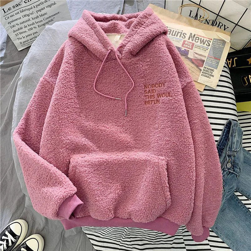 Fleece Hooded Sweatshirt Women Padded Thickened Warm Long Sleeve Pullover Preppy Style Casual Letters Winter Female Coat - reetell