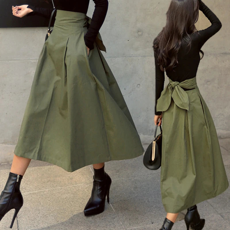 Skirts Womens Korean Fashion Solid Color Big Swing Ladies Skirt Long Skirt 2022 Autumn Wild High Waist Bow Slim Skirts - reetell