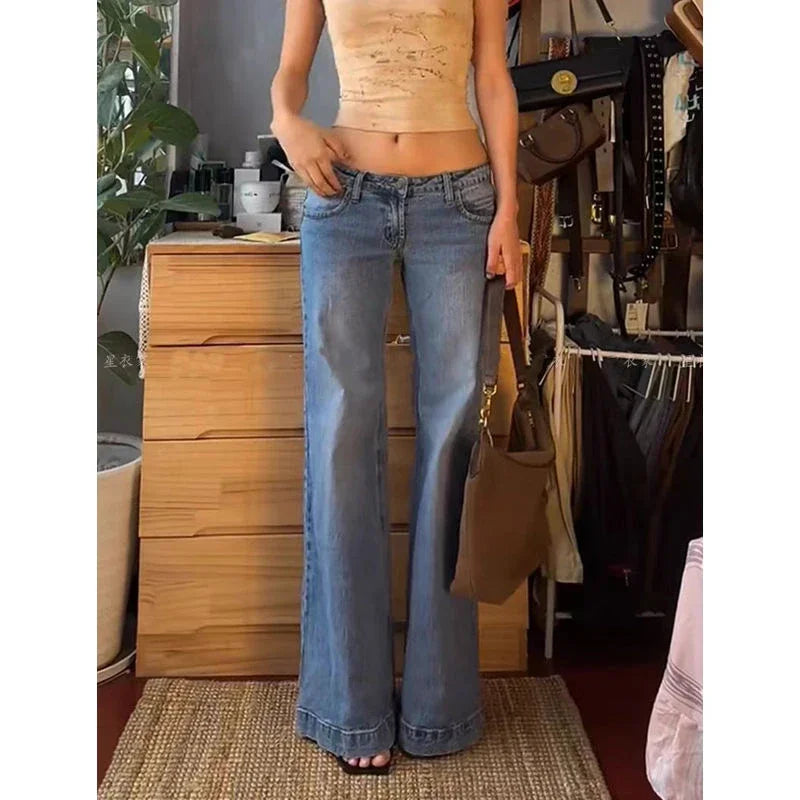 Women's Retro Washed Low Waisted Flared Jeans 2024 New Chic Casual Wide-leg Pants Female Sexy Denim Bell-bottoms Trousers Y2K - reetell