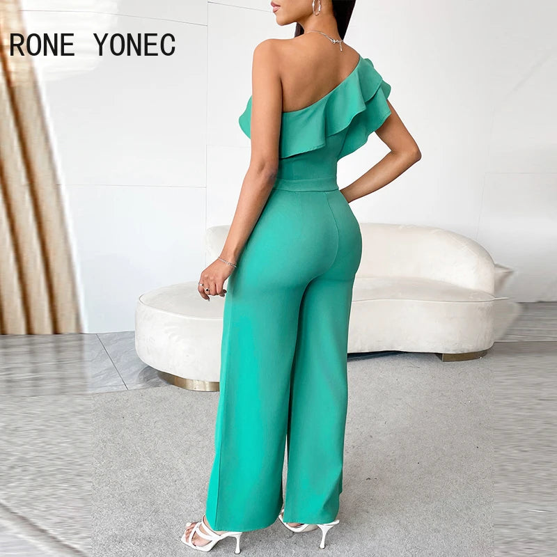 Women Elegant Solid One Shoulder Ruffle Decoration Wide Leg Formal Jumpsuit