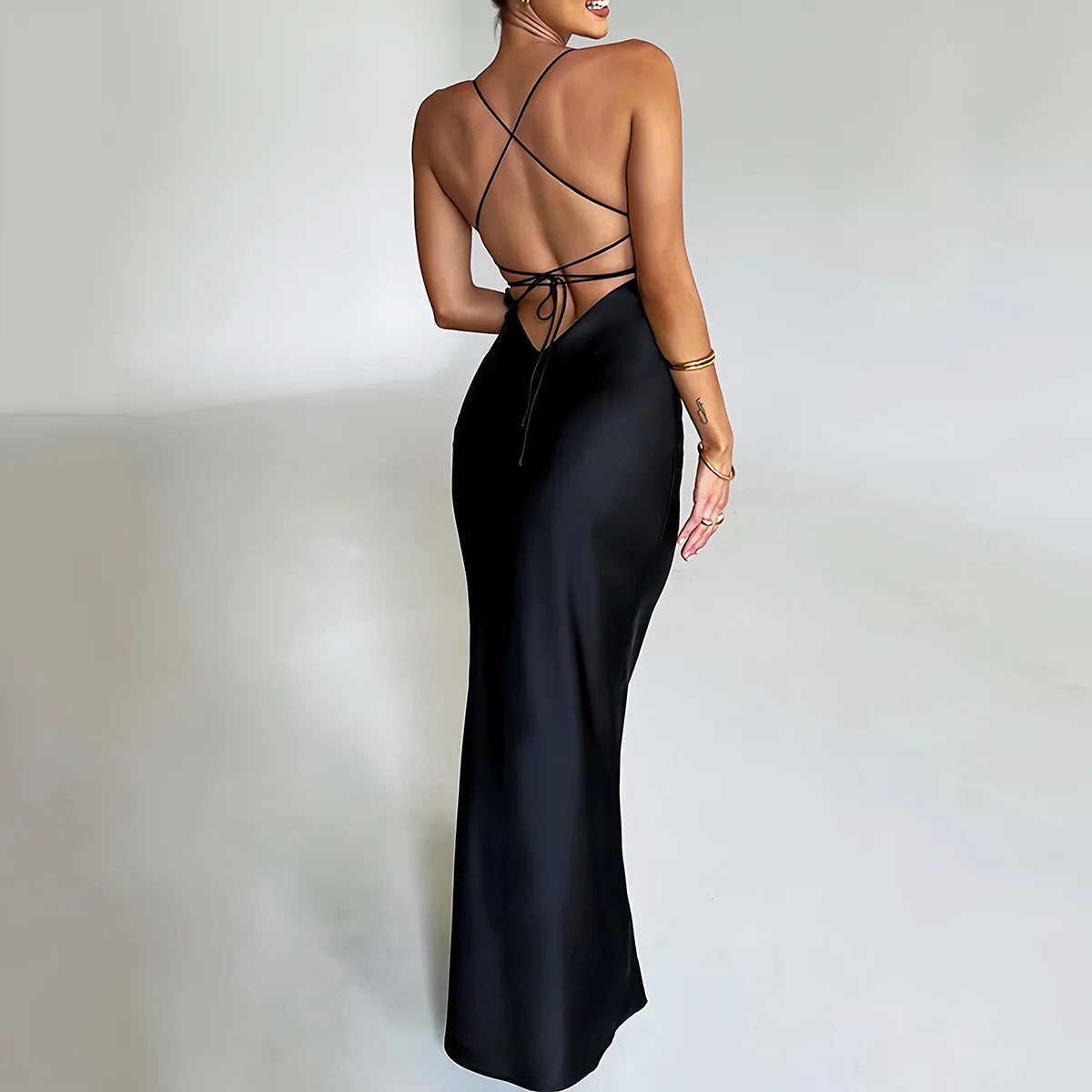 Summer Long Dress Women Evening Dresses Fashion Sexy Club Party Dresses Suspender Satin Dress Backless Strappy Waist Long Skirt - reetell