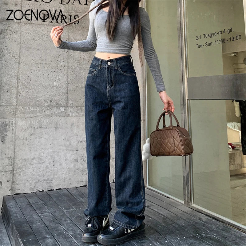 ZOENOVA High Waist Straight Women's Jeans 2024 Spring Korean Fashion Ladies Simple Versatile Loose Dark Blue Wide Leg Trousers - reetell