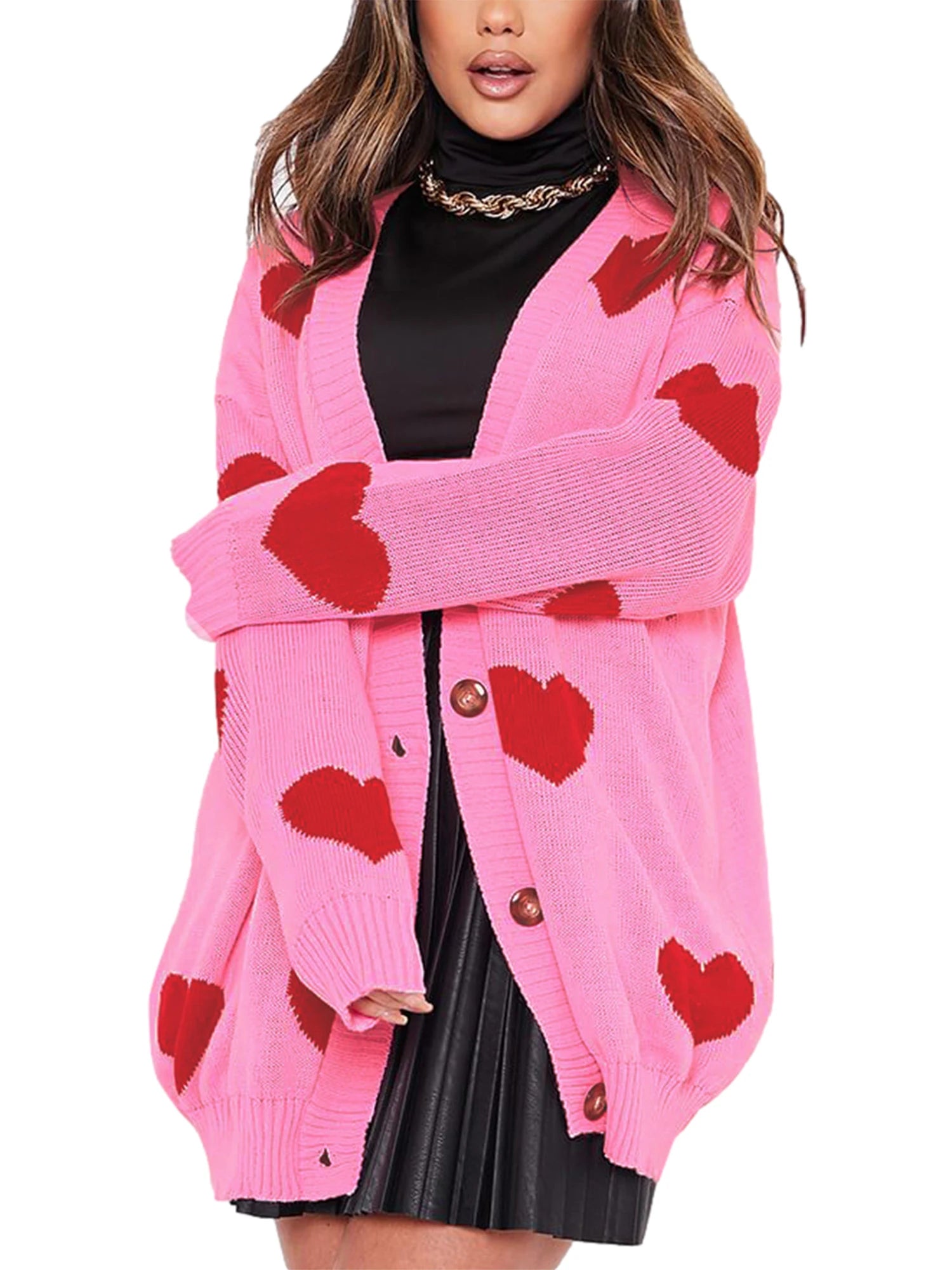 Women Button-down Cardigan Adults Heart Flower Print Long Sleeve V-neck Ribbed Trim Outerwear - reetell