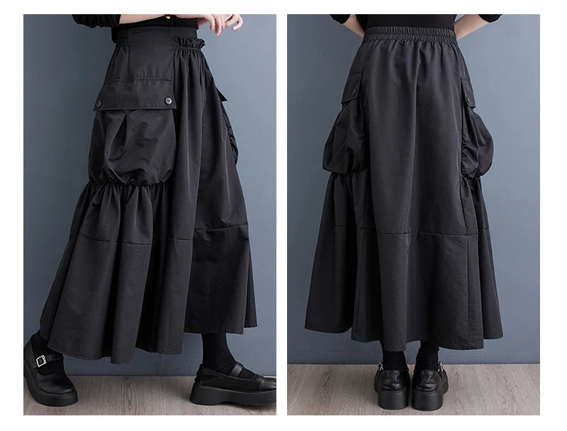 Oversized Spring Autumn Cargo Midi Skirt Women Elastic High Waist Fashion Ruffle Pleated Ladies Skirts Loose Casual Woman Skirt - reetell