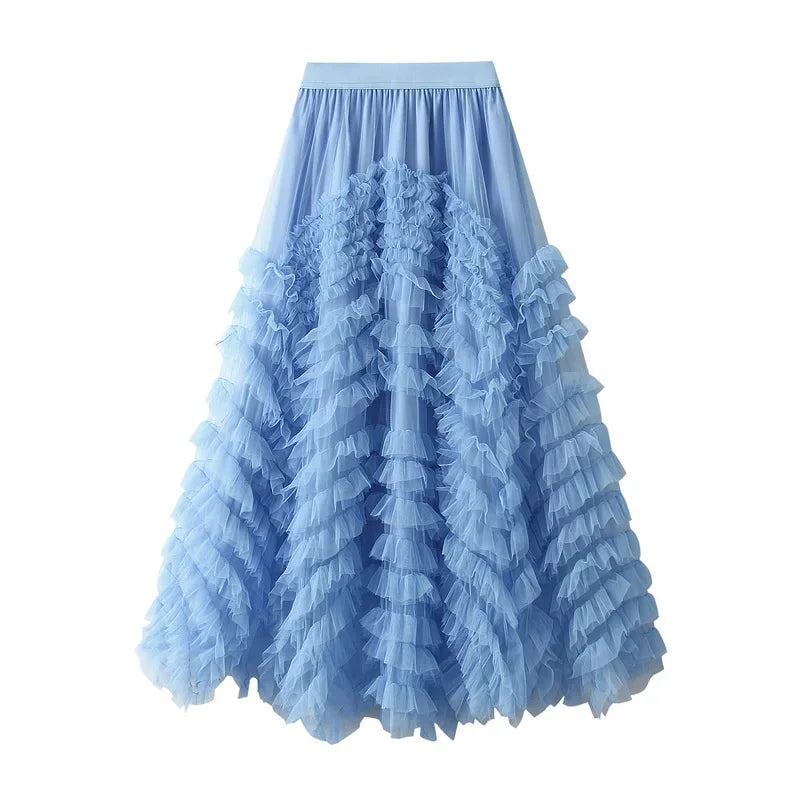 Fashionable Tiered Tulle Maxi Skirt for Women 2024 New Elegant High Street A Line High Waist Mesh Long Skirt Female Pink - reetell