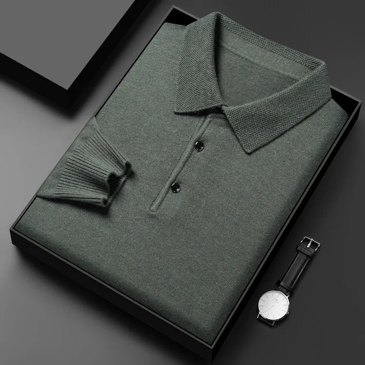 Autumn and Winter New Warm Soft Pullover Men's Business Lapel Knitwear Casual Solid Color Long Sleeve Polo Shirt Office - reetell