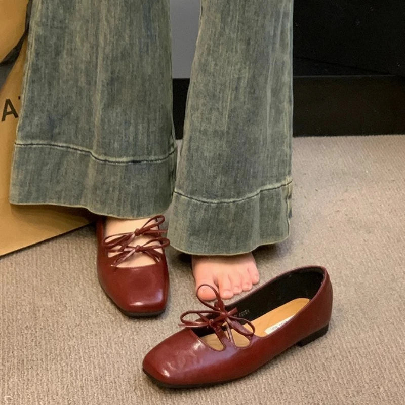 Lovely Double Bowknot Women Mary Jane Shoes New 2024 Spring Summer Square Toe Dress Flat Shoe Ladies Red Soft Sole Shoes Zapatos - reetell