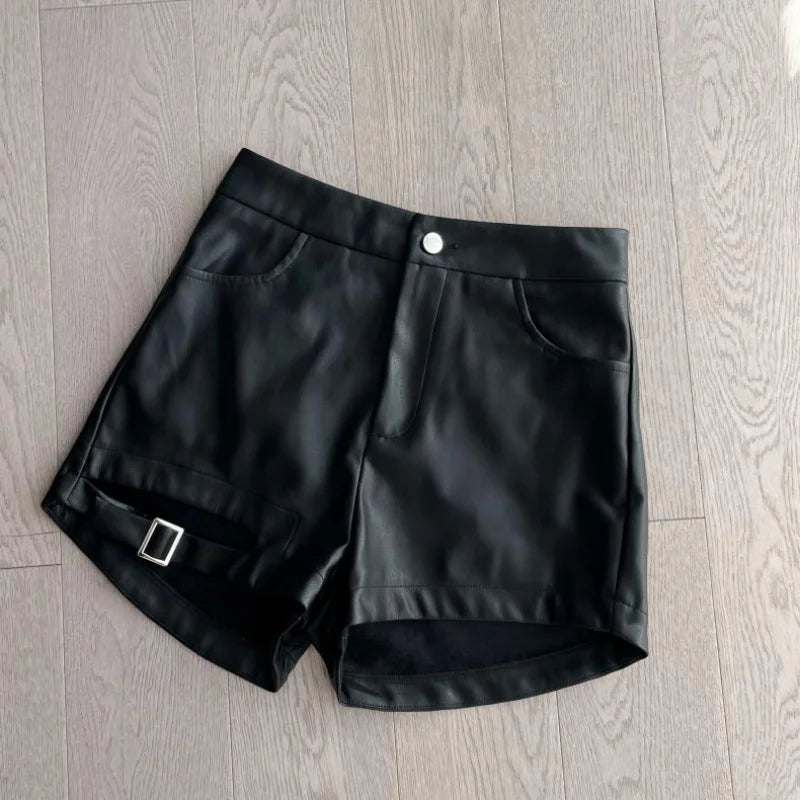 Sexy Black Pu Leather Shorts Women's Autumn and Winter Tight Gothic High Waist Shorts Street Fashion Y2K Hot Girl Outfit - reetell