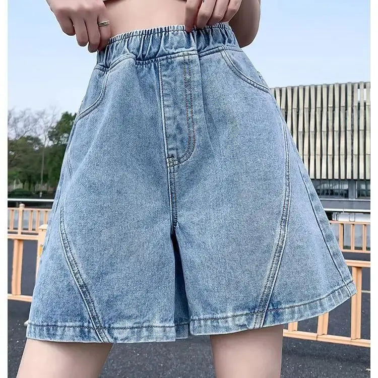 Big Size Denim Shorts Quarter Trousers A Wide Leg Loose High Waist Skinny Students Fattening Women Pocket Splicing Stripe - reetell