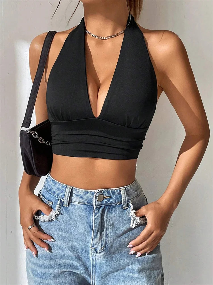 Sleeveless Backless Deep V-neck Halter Top Women Summer 2024 Club Party Sexy Solid Color Crop Tops Streetwear Y2K Clothes - reetell