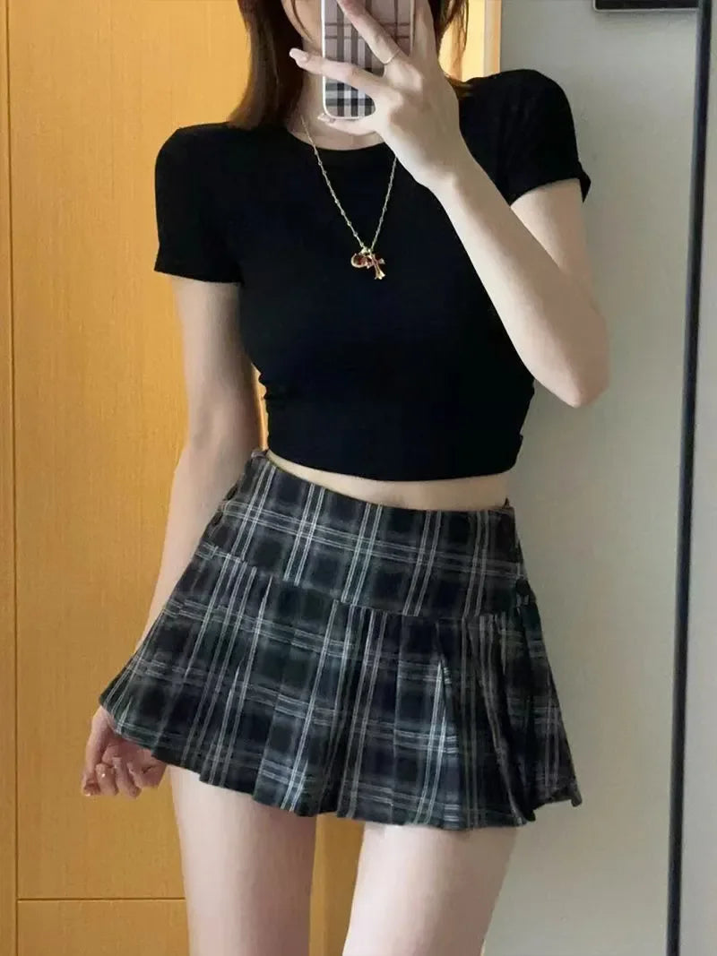 HOUZHOU Vintage Y2K Plaid Mini Skirt Women Sexy Preppy Style Low Waist Slim A-line Side Split Retro Pleated Skirt Streetwear - reetell