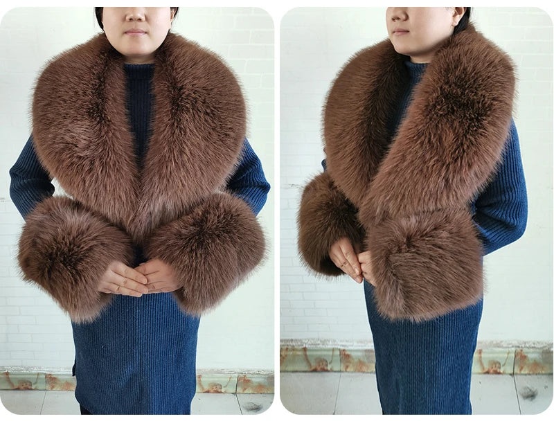 Winter Faux Fur Collar Cuffs Set Women Fluffy Large Shawl Coat Accessories Warm Fashion Fake Fox Fur Scarf Furry Scarves Female - reetell