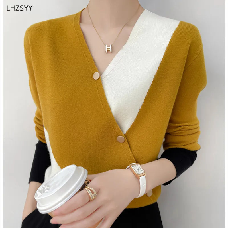 Women's Cashmere Sweater Spring Colorblock Sweater Women Casual Pullover Ladies Knitwear Fashion Sweater Female Thin Inner Top - reetell