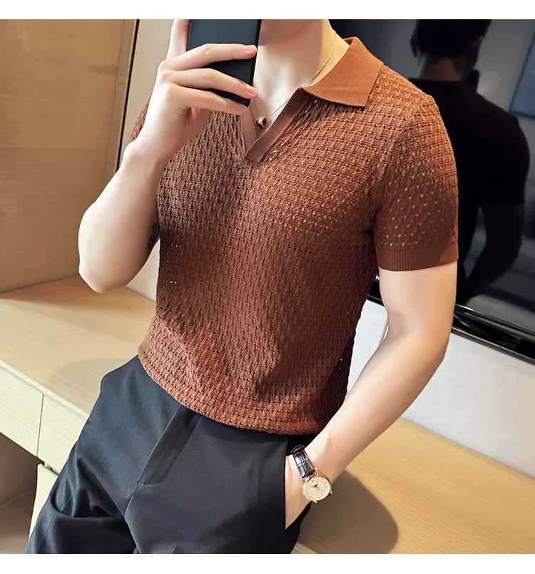 Men's Polo Shirt 2024 Summer New Light and Thin Knitted Hollow Solid Color Casual Short Sleeved V-neck T-shirt Men's Clothing