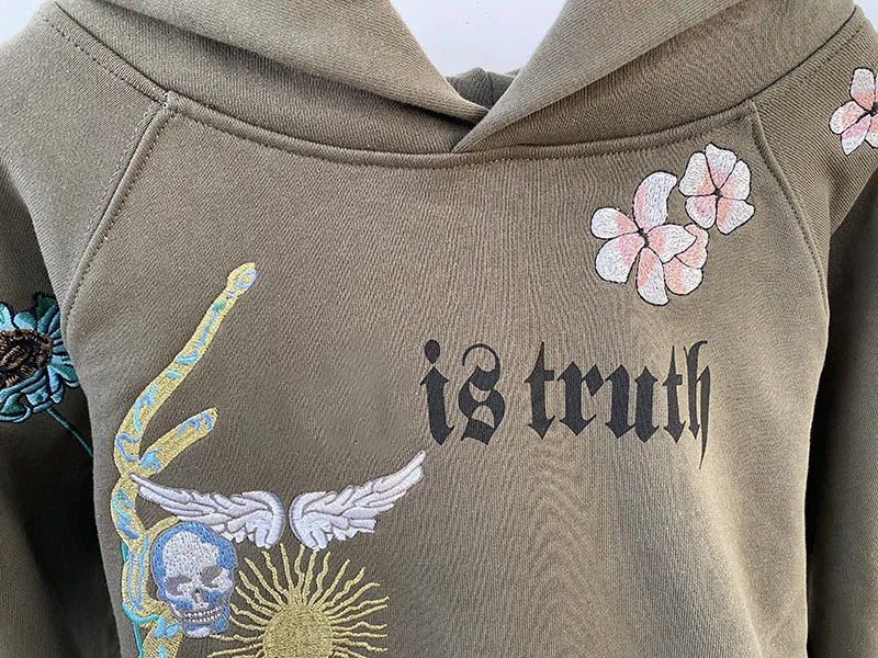 Army Green Hoodie Women's Sweatshirt Long Sleeve Letter Print Flowers Skull Wings Embroidery Pocket Fleece Pullover Sweatshirt - reetell