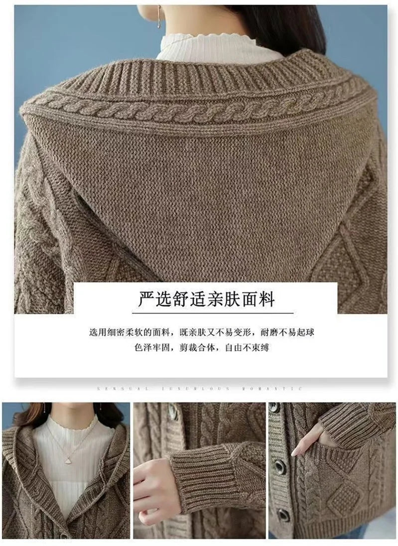 Hooded Sweater Spring And Autumn Mother Sweater Jacket Female Jacket 2023 New Loose Pocket Zipper Knitted Cardigan Mom HoodyCoat - reetell