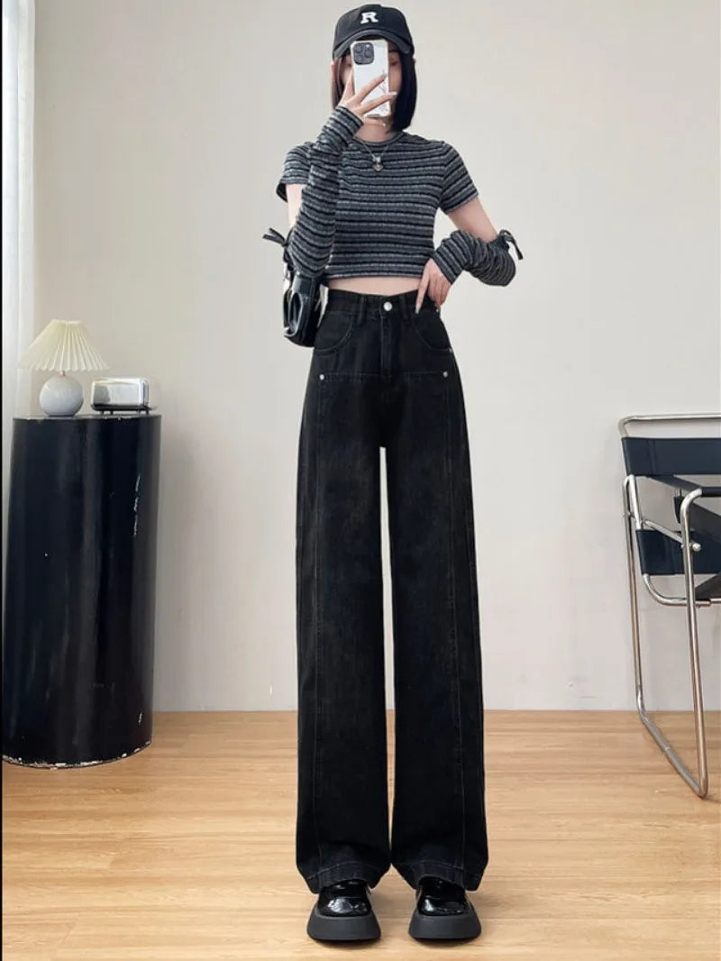 Spring Autumn Black Straight Solid Color Casual Loose Baggy Jeans Women High Waist Wide Leg Y2K Aesthetic Denim Pants Streetwear - reetell