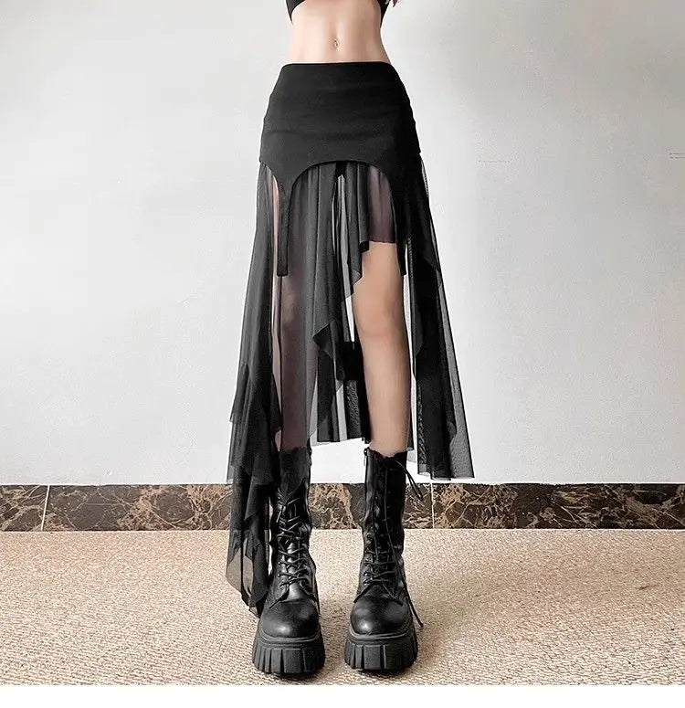 Women Clothes Vintage Y2K Harajuku Aesthetic Fairy Asymmetrical Skirts Summer Female Sexy Split Solid High Waist Slim Midi Skirt - reetell