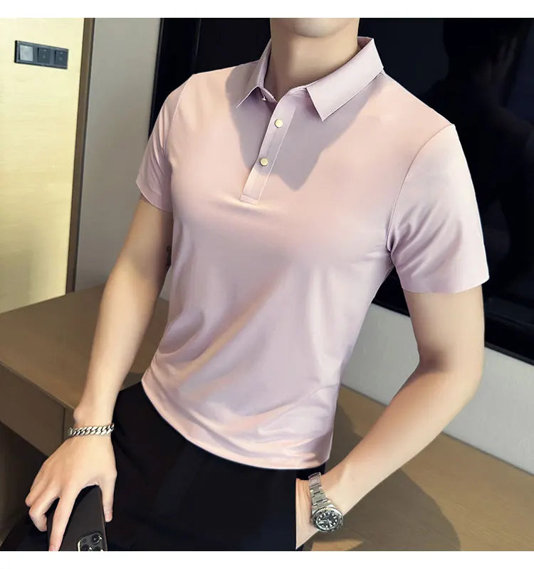 Ice Silk Traceless T-shirt Men's  Business Casual Solid Color Half Sleeve High Elasticity Top Silk Smooth Breathable POLO Shirt