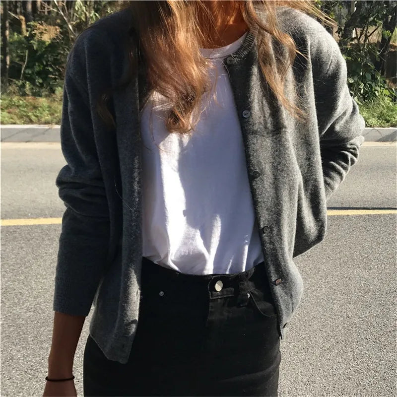 Solid Color Knitted Cardigan Women Korean Single Breasted Long Sleeve Jumper Woman Round Neck All Match Cardigans Outwear 2024 - reetell