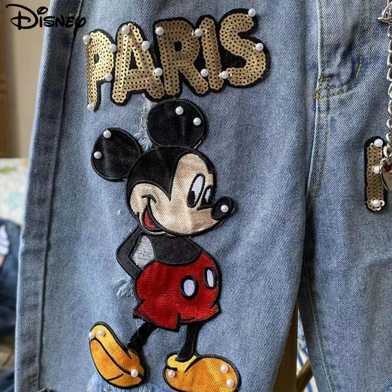 Disney New Arrival Top Fashion Cotton Women Embroidery Beading Mickey Mouse Female Summer Big Irregular Flash High Waist Short - reetell