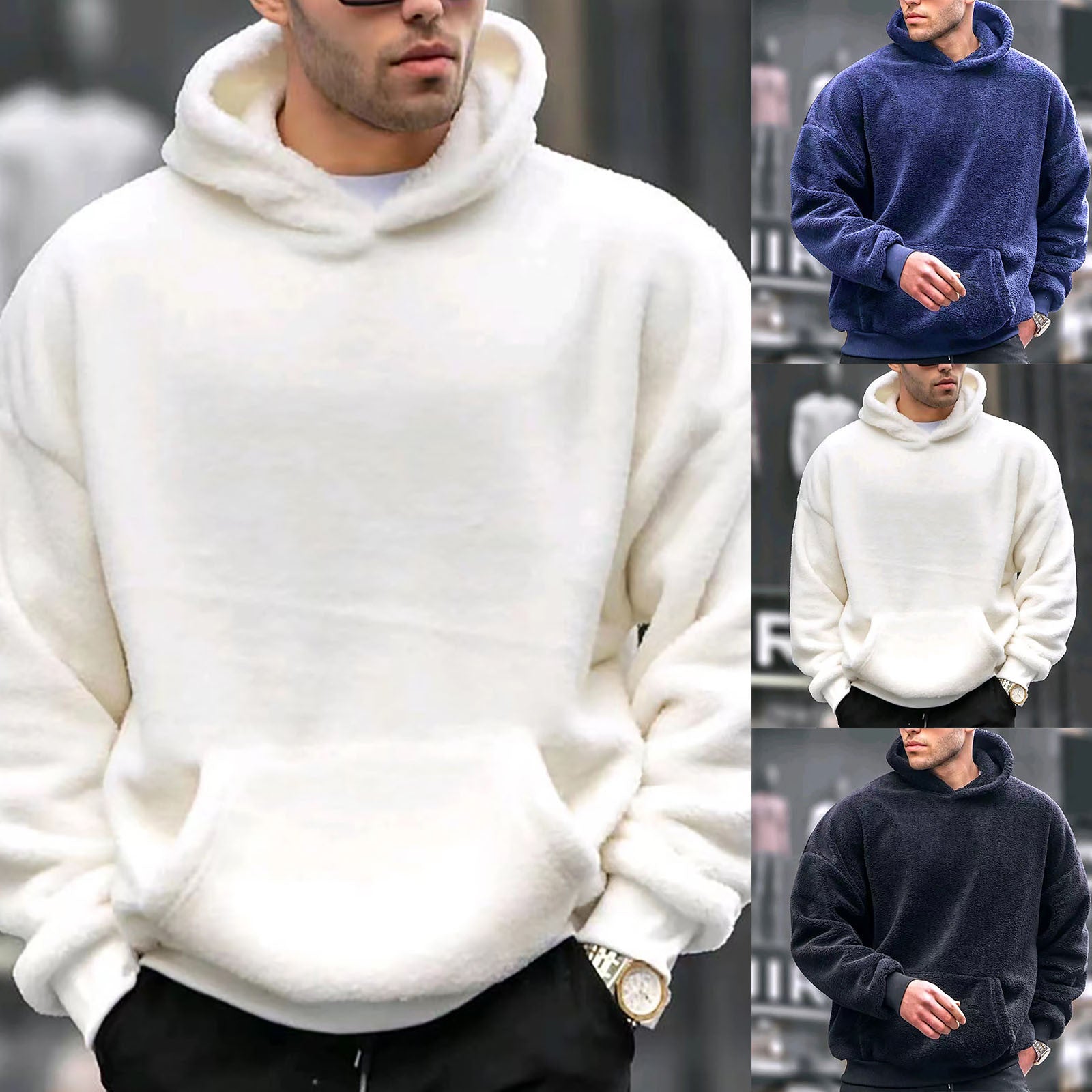 Soft Fleece Warm Hoodie Plush Pullovers Men Winter Solid Long Sleeve Pockets Hooded Sweatshirts Male Velvet Hoodies Jumper 2023 - reetell