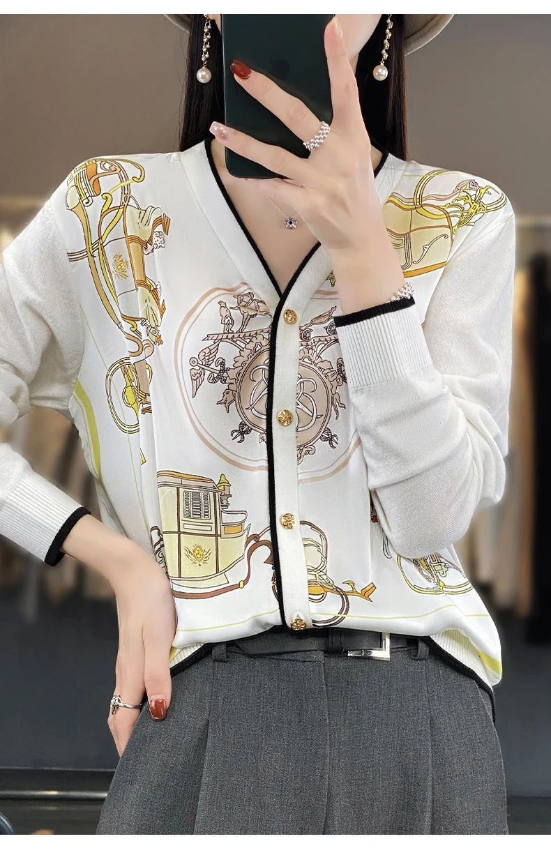 Spring and Autumn New Woven Wool Cardigan Women's V-neck Color Matching Sweater Thin Loose Silk Printed Long Sleeve Knitted Jack - reetell