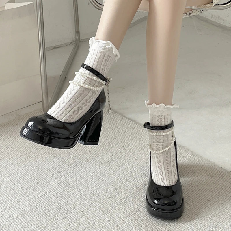 Y2K Chunky Platform High Heels Pumps Women 2023 Summer Patent Leather Black White Lolita Shoes Woman Pearl Ankle Straps Pumps