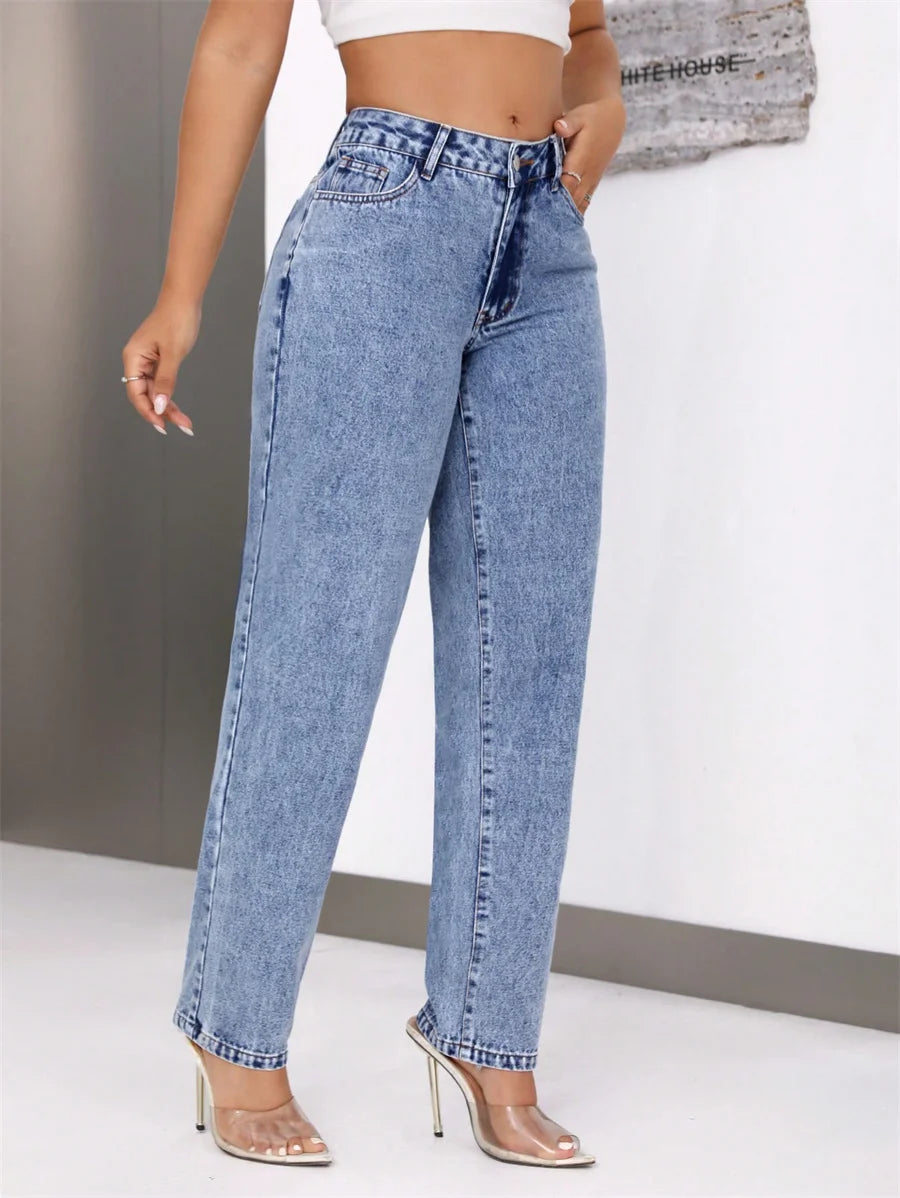 Benuynffy Vintage Blue Mid Waisted Jeans Women's American Casual Mom Pants Streetwear Fashion Denim Straight Long Trousers - reetell